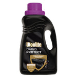 Black Woolite Darks Protect detergent bottle with purple cap and FabricGuard shield graphic on front label