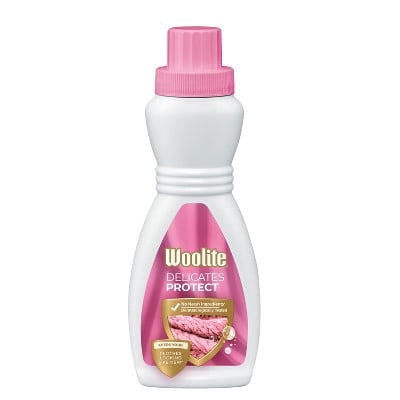 White Woolite Delicates Protect bottle with pink label and cap against a white background.