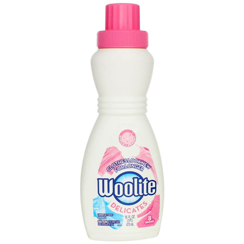 Front view of a Woolite Delicates white bottle with pink cap and branded label