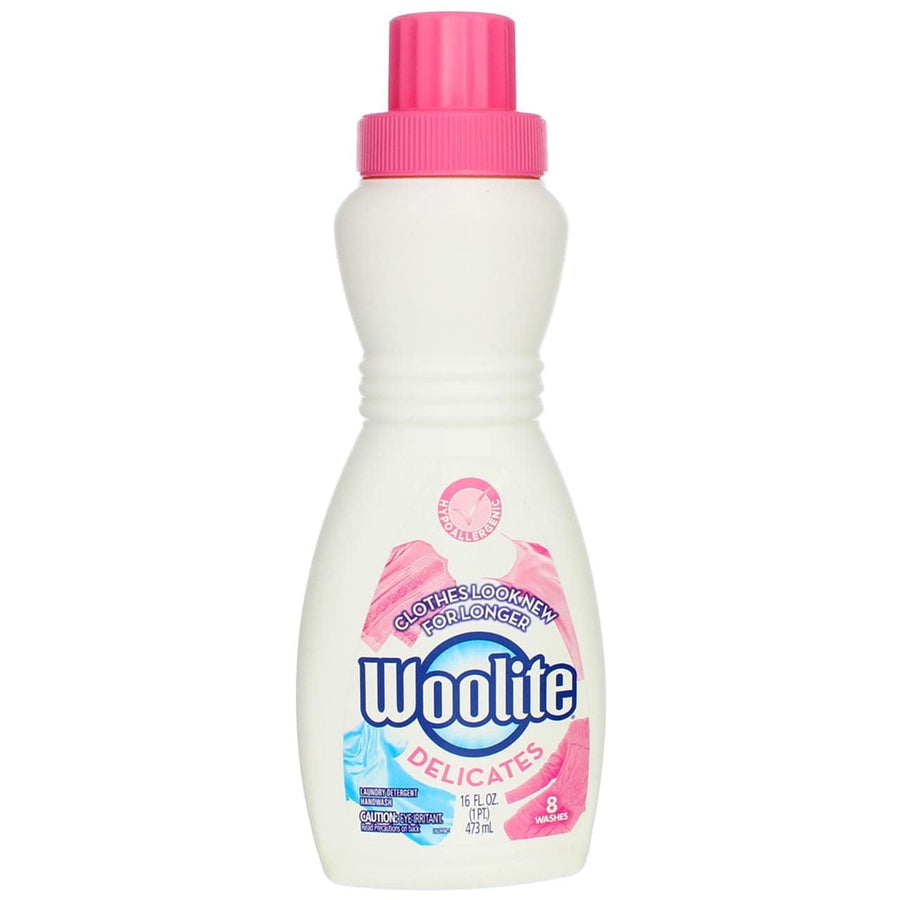 Front view of a Woolite Delicates white bottle with pink cap and branded label