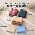 Folded activewear, knits, denim and delicates arranged with labels indicating ideal fabrics for the detergent