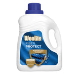 White Woolite Fiber Protect detergent jug with blue label and blue cap showing FabricGuard badge on front