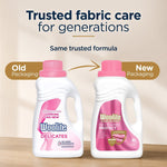 Comparison graphic showing old and new Woolite Delicates packaging side by side with 'Trusted fabric care for generations' text.