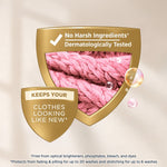 Gold shield graphic with close-up of pink knitted fabric and text about no harsh ingredients and clothes looking like new.