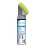 Rear view of a Woolite carpet & upholstery spray can showing the product label, directions text and barcode under a green brush head.