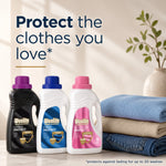Three Woolite detergent bottles (darks, fiber, delicates) beside folded clothing with headline 'Protect the clothes you love'