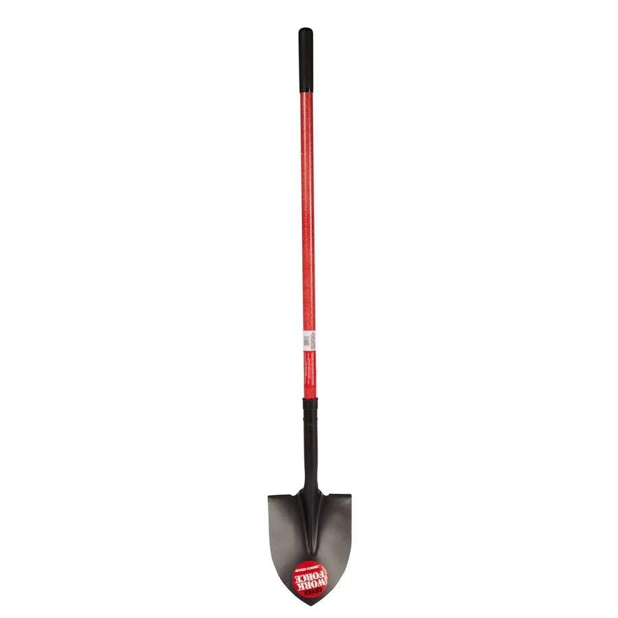 Workforce round-point shovel with red fiberglass handle and black 16-gauge steel blade, studio shot