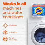 Lifestyle graphic with text 'Works in all machines and water conditions' and a front‑load washer with a Tide box on top