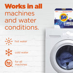 Graphic showing a front-load washing machine with text 'Works in all machines and water conditions' and Tide box.
