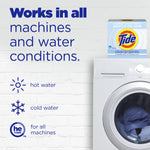 Washer with a box of Tide Clean & Gentle on top and copy stating it works in all machines and water conditions