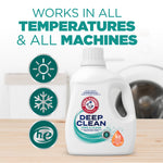 Detergent bottle on a counter with icons for temperature and machine compatibility and 'works in all temperatures & all machines' text