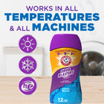 Product shot of Odor Blasters bottle on a counter with icons and text 'Works in all temperatures & all machines'.