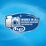 Badge-style graphic stating “Works in all washing machines (including HE)” with a washing machine icon on blue.