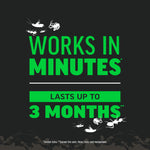 Typographic graphic reading "Works in Minutes" and "Lasts up to 3 Months" with small insect silhouettes on a dark background