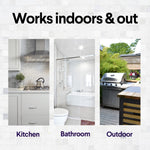 Promotional panel reading "Works indoors & out" with photos of a kitchen, bathroom, and outdoor grill area