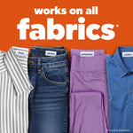Folded garments labeled linen, denim, polyester, cotton beneath headline 'works on all fabrics' on orange background