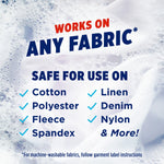 Graphic listing fabrics safe for use including cotton, polyester, fleece, spandex, linen, denim and nylon over a soapy background