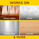Grid of four material closeups labeled 'Sealed Leather, Granite, Stainless Steel, Laminate' with header text 'WORKS ON' and yellow border