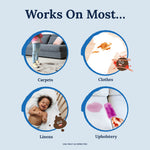 Graphic showing four circular photos labeled carpets, clothes, linens, upholstery with examples of common stains