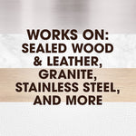 Promotional text listing surfaces the product works on, including sealed wood, leather, granite and stainless steel, on textured backgrounds.