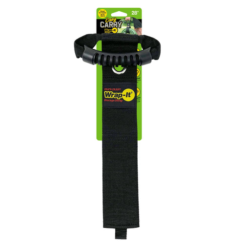 Black Wrap-It Easy-Carry storage strap on green card backing, showing handle and long black nylon strap.