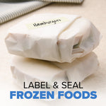 Wrapped frozen food packages labeled 'Hamburgers' with a caption reading 'Label & Seal Frozen Foods'.