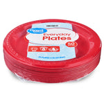 Wrapped stack of red Great Value Everyday Plates showing product label and visible shrinkwrap on white background