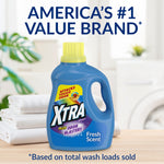 Staged product shot of XTRA detergent bottle on a counter with folded towels and text 'America's #1 Value Brand'