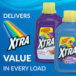 Promotional graphic showing two XTRA detergent bottles and logo with text about value