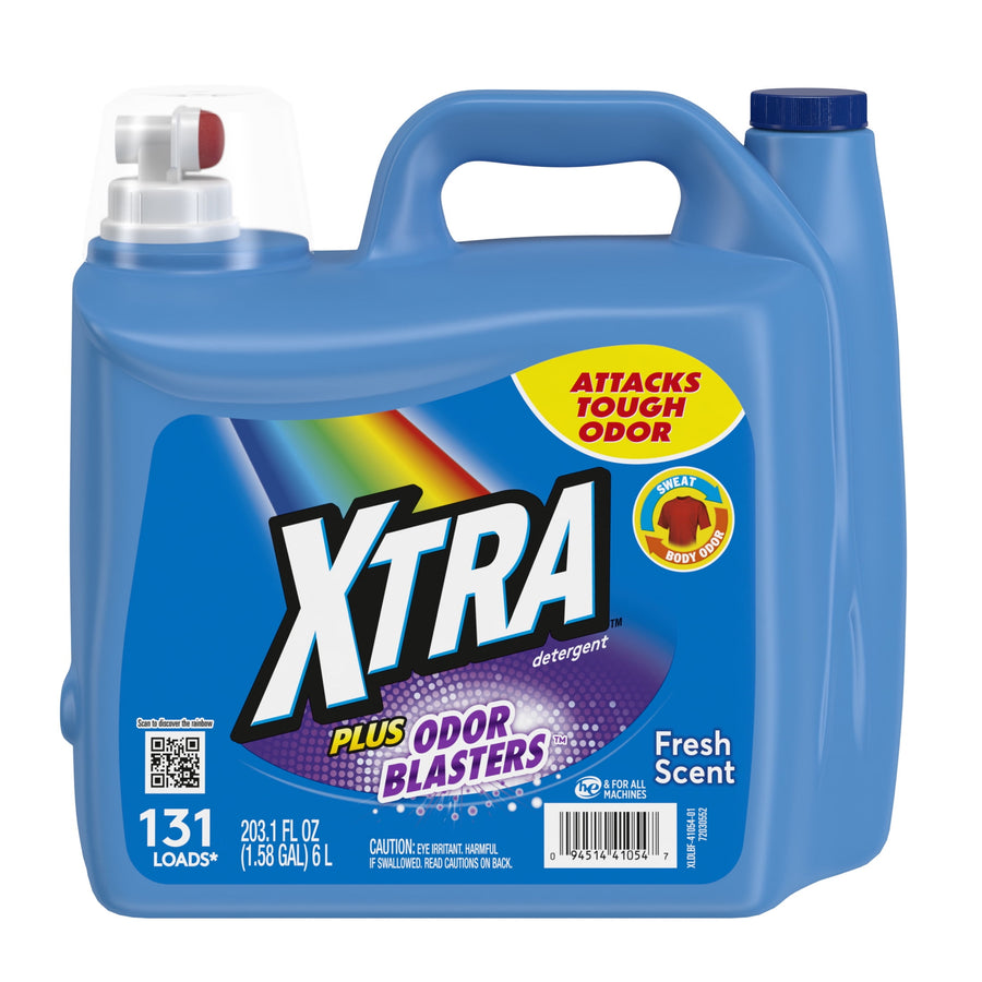 Blue jug of XTRA laundry detergent with label 'Plus Odor Blasters' and carrying handle, fresh scent branding visible