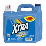 Front view of a blue XTRA Plus OxiClean detergent jug showing brand logo, Crystal Clean label and 131 loads callout
