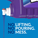 Close-up of purple XTRA jug pouring from a built-in spout with 'no lifting, no pouring' text