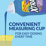Illustration of Xtra detergent pouring into a yellow measuring cup with 'convenient measuring cup' text