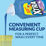 Illustration of XTRA detergent pouring from bottle into a yellow measuring cup with text 'Convenient Measuring Cup'