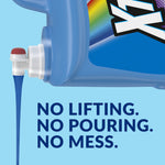 Close-up of XTRA jug with spigot pouring detergent and copy 'No lifting. No pouring. No mess.' on light blue background