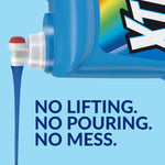 Close-up of a blue XTRA detergent spout dispensing blue liquid with copy about no lifting or pouring