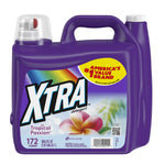 Front-facing purple Xtra Tropical Passion detergent jug with label showing rainbow logo, flower image and load count