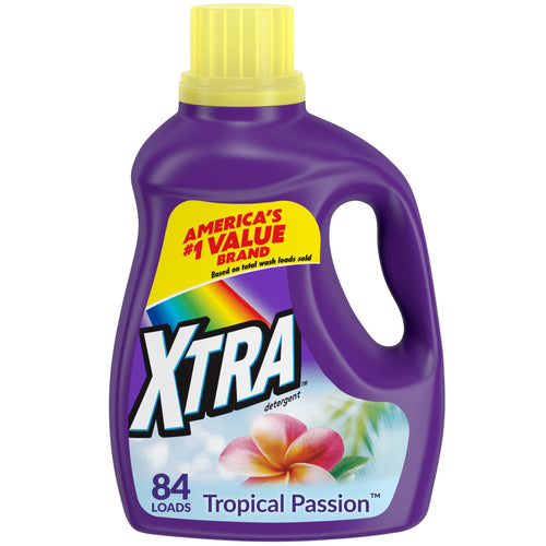 Front-facing purple Xtra laundry detergent bottle labeled Tropical Passion with a yellow cap and flower graphic