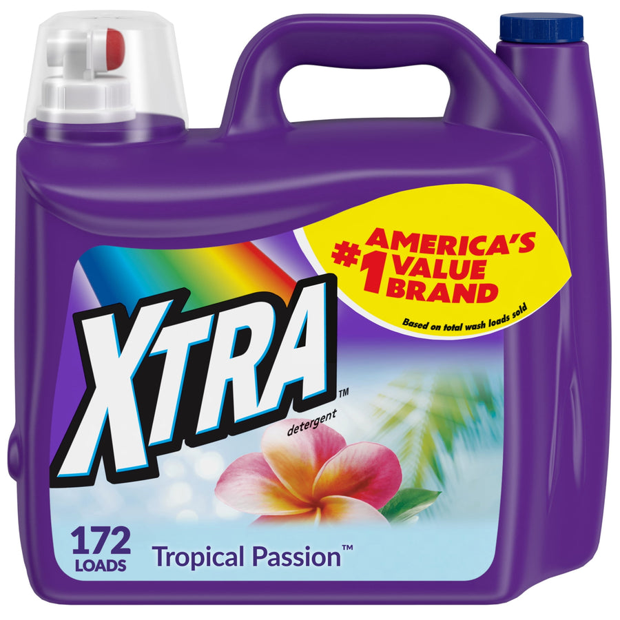 Purple jug of Xtra Tropical Passion liquid detergent with rainbow logo and frangipani flower label