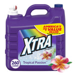 Purple jug of XTRA Tropical Passion liquid laundry detergent with plumeria flower graphic