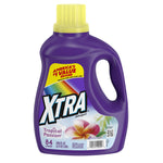 Studio shot of a purple Xtra Tropical Passion detergent bottle with yellow cap and visible label and barcode