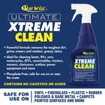 Product feature graphic with Star brite Ultimate Xtreme Clean bottle and text listing uses and safety claims on blue background