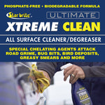 Graphic label showing Star brite Ultimate Xtreme Clean branding and a hand spraying a microfiber cloth on a vehicle surface