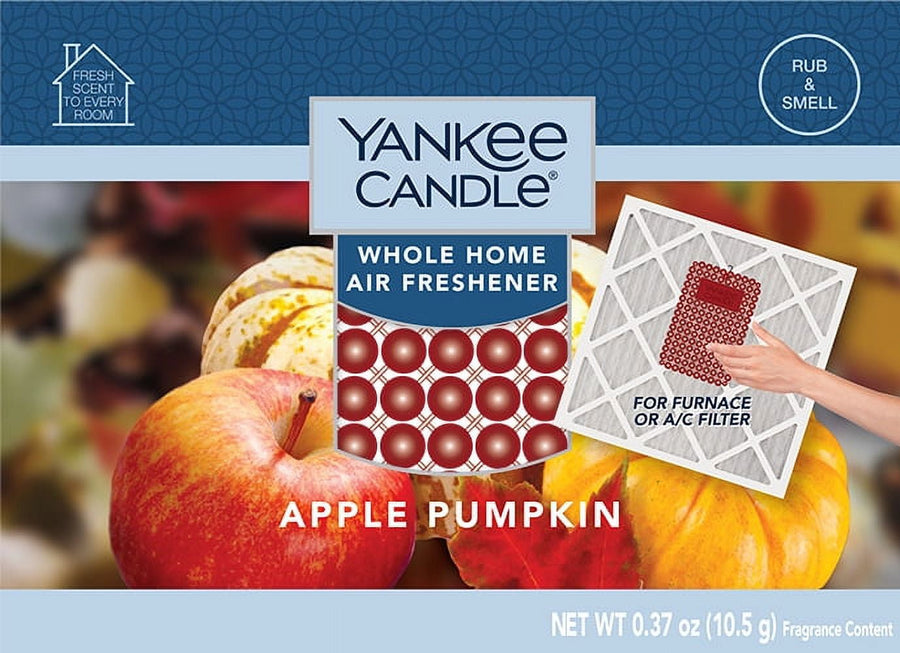 Yankee Candle Apple Pumpkin whole-home air freshener package front with apples and product image and rub-and-smell badge