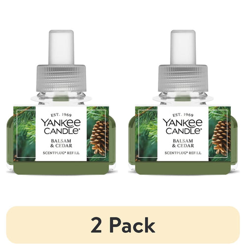 Two Yankee Candle Balsam & Cedar ScentPlug refill bottles with green liquid and label, shown side by side over a '2 Pack' banner.