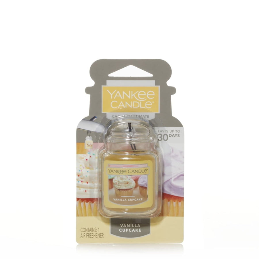 Single Yankee Candle Car Jar Ultimate vanilla cupcake air freshener in blister pack, labeled Vanilla Cupcake