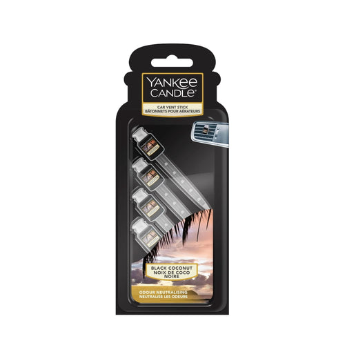 yankee candle car vent sticks in retail packaging, black coconut scent, four-count pack
