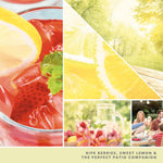 Collage-style lifestyle graphic showing strawberries, lemon slices and refreshing iced lemonade imagery for Iced Berry Lemonade scent