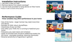Instruction and performance guide slide with small product packaging thumbnails and text explaining installation and performance factors