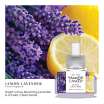 Close-up of a Yankee Candle Lemon Lavender ScentPlug refill bottle placed over a background of lemon slice and lavender sprigs.